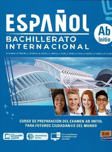 Spanish textbook cover for International Baccalaureate Ab Initio course with building image.