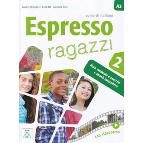 Italian language textbook "Espresso Ragazzi 2" with student faces and green accents.