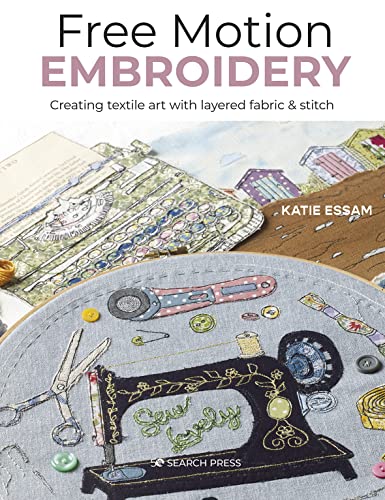 Book cover showing free motion embroidery of sewing tools on light blue fabric.
