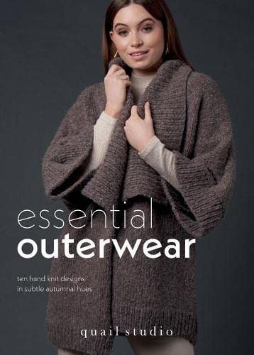 Woman wearing a chunky, hand-knit brown wrap, book cover titled "essential outerwear".