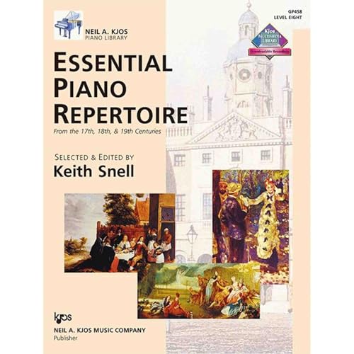 Sheet music cover: “Essential Piano Repertoire - Level 8” with classical art.