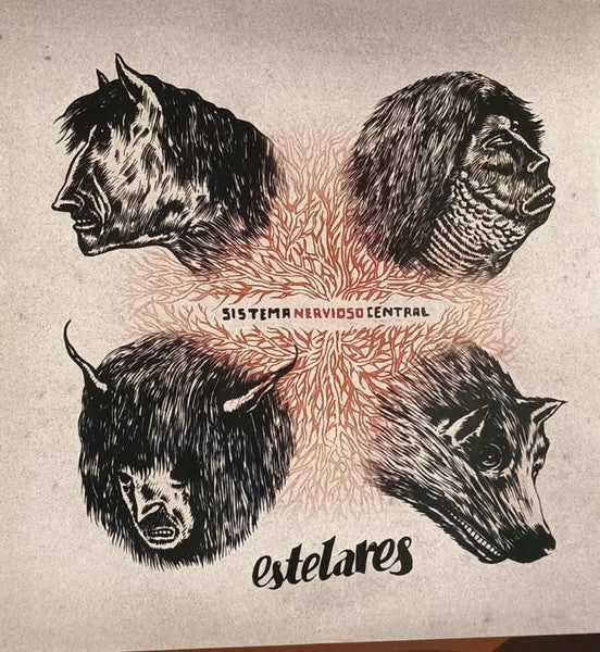 Vinyl record cover with four animal heads and central text design.