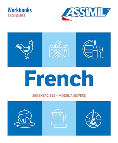 French language workbook cover with icons of French culture and food.