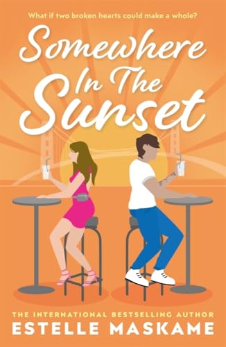 Book cover with illustrated couple at outdoor cafe, orange sunset background.