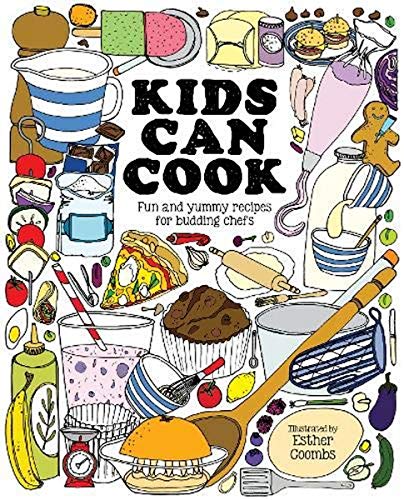Kids Can Cook" cookbook cover with colorful illustrations of food and kitchen tools.