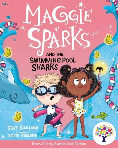 Book cover showing two children in a pool with a shark and rubber ducks.