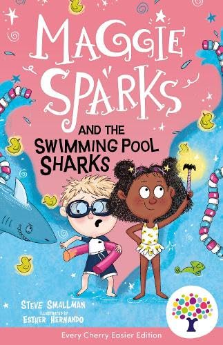 Book cover: girl with red hair, sharks in a blue swimming pool.