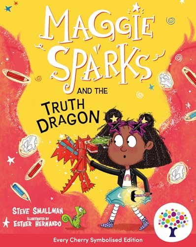 Book cover: girl with red dragon, pencils, and star details.