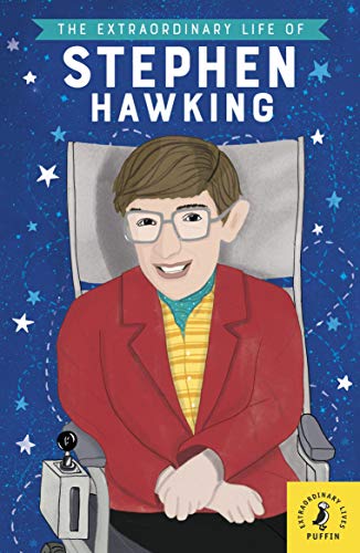 Book cover featuring Stephen Hawking in a wheelchair, illustrated portrait.