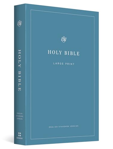 Blue hardcover Bible with “HOLY BIBLE” and “LARGE PRINT” text.
