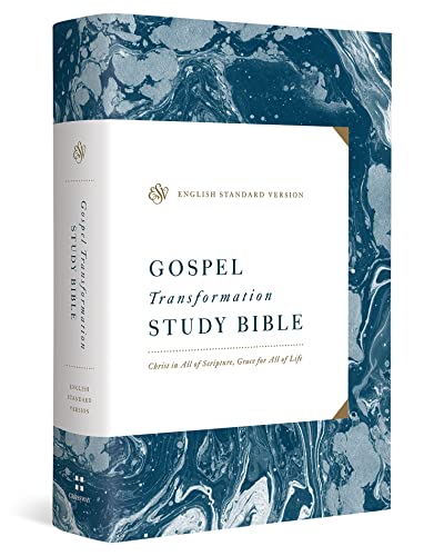 Blue and white marbled cover study Bible with gold lettering.