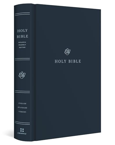 A dark blue hardcover ESV Holy Bible with white text and silver emblem.