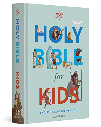 Light blue ESV Holy Bible for Kids with illustrated biblical scenes integrated into the text.