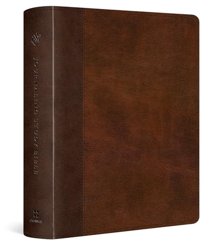 A brown leather-bound ESV Journaling Study Bible with text embossed on the spine.