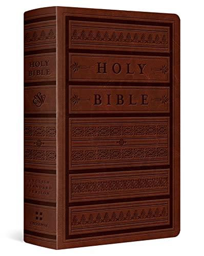 Brown leather-bound Bible with gold lettering, closed and upright.
