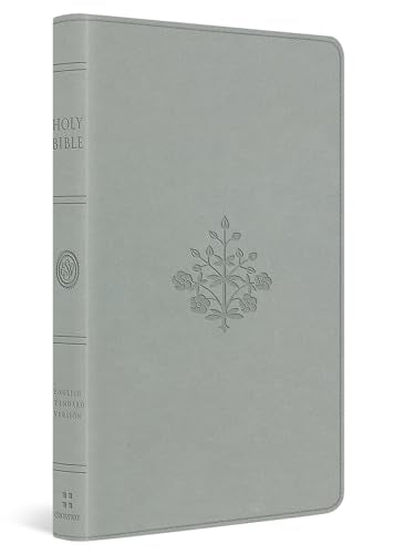 Gray Bible with embossed floral design and “HOLY BIBLE” text.