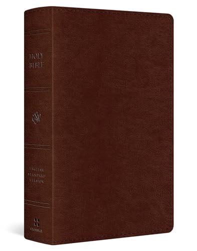 Closed, brown leather-bound Bible with gold lettering and embossed logo.