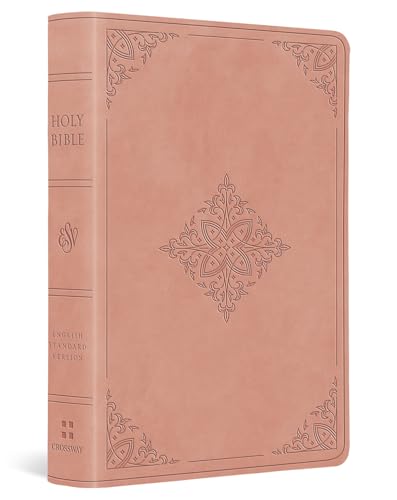 A dusty rose-colored Bible with embossed filigree corner designs and a central floral motif.