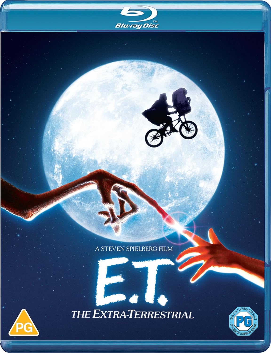 Blu-ray cover for "E.T." featuring silhouettes of children flying on a bicycle.