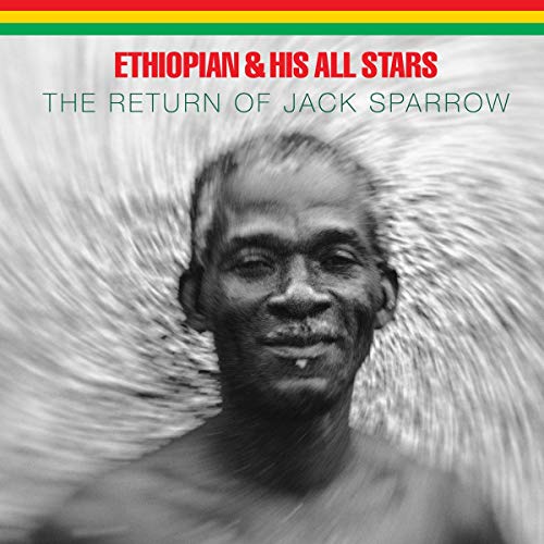 Black and white portrait of a man against a swirling background with Rasta colors.