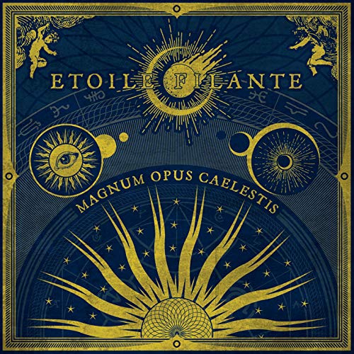 Dark blue album cover with gold celestial illustrations and text.