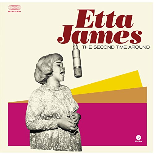 Etta James singing into a microphone on a vintage album cover with colorful geometric shapes.