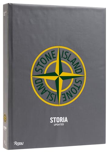 Gray book cover with yellow Stone Island compass rose logo and "STORIA" text.