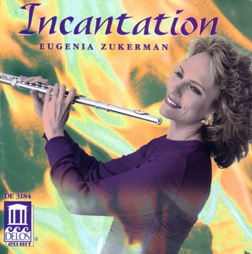 The image shows a woman playing a flute with a colorful abstract background.