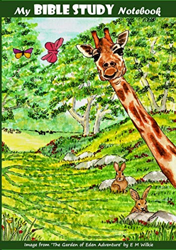 Giraffe peeking from lush, painted foliage with a butterfly and rabbits.