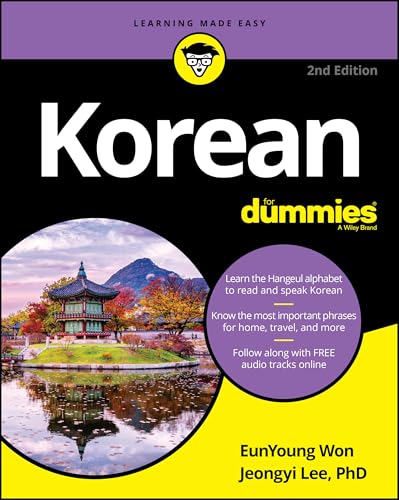 Korean For Dummies book cover featuring a traditional Korean pavilion by a pond.