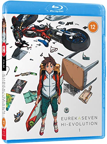 Blu-ray cover for “Eureka Seven Hi-evolution 1” featuring anime characters and vehicles.