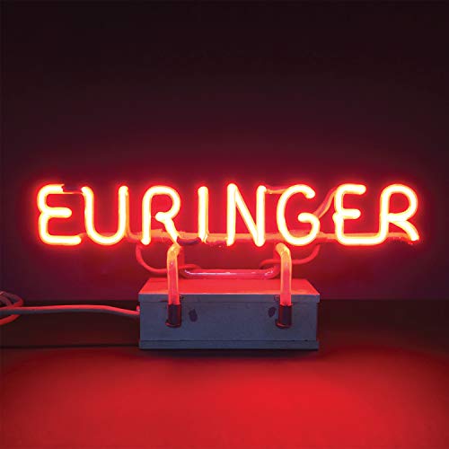 The image shows a red neon sign reading "EURINGER" on a small blue base.