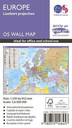 Ordnance Survey wall map of Europe showing political boundaries, cities, and geographical features.