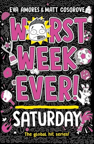 Book cover featuring pink text, a cartoon boy's face, and various doodles on black.