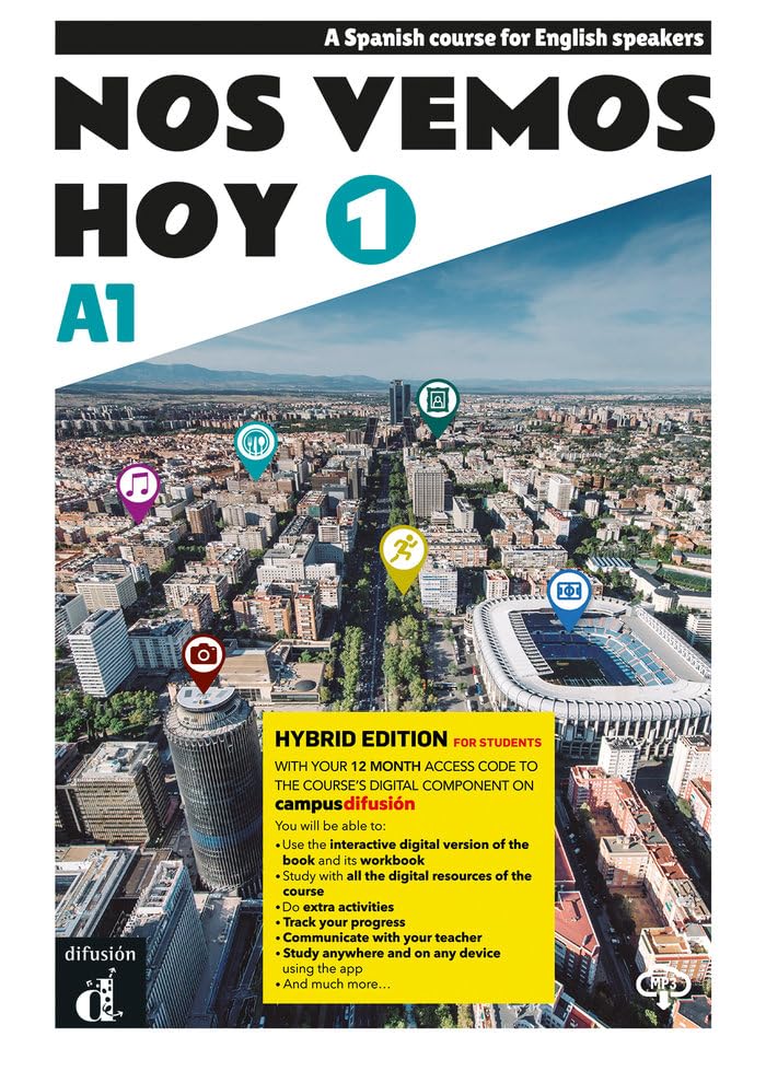 Spanish textbook cover with city skyline, icons, and bold title "NOS VEMOS HOY 1".