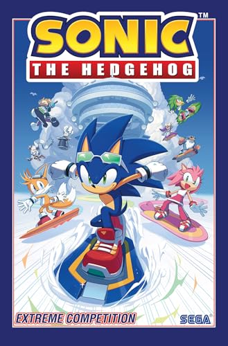 Sonic the Hedgehog and friends riding hoverboards in a race against a blue background.