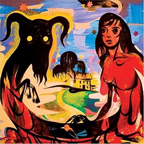 Colorful painting of a horned creature and a woman before a house and stars.