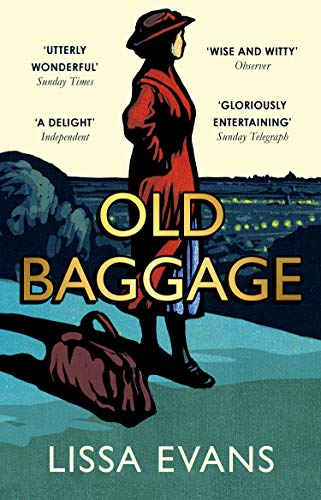"Book cover featuring a woman in red coat standing with a suitcase, seaside background."