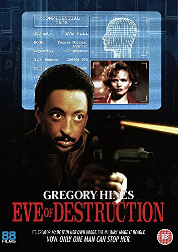 Movie poster for "Eve of Destruction" featuring Gregory Hines and a robotic face.