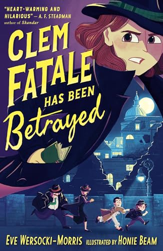 Book cover: woman in a hat, city skyline, figures running below.