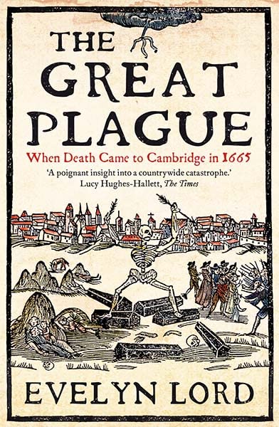 Book cover with a skeleton and cityscape, titled The Great Plague by Evelyn Lord.