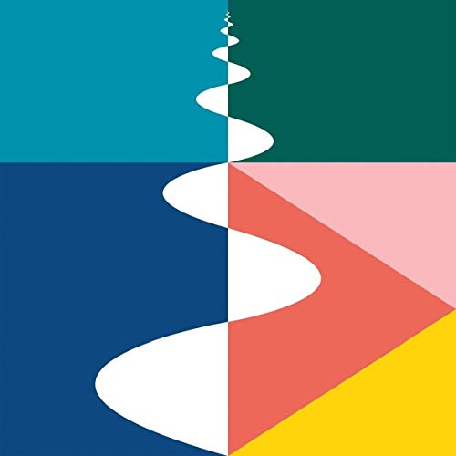 Abstract album cover with white spiral and colorful geometric shapes.