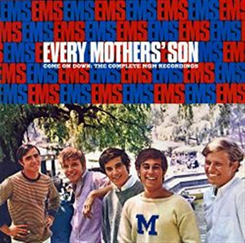 Album cover featuring four smiling men in front of a park with repeating text.