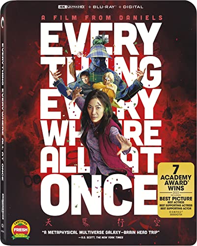 “Everything Everywhere All At Once” Blu-ray cover with characters in action poses.