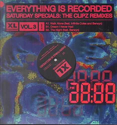 “Everything Is Recorded” vinyl record cover with a distorted portrait and digital clock.