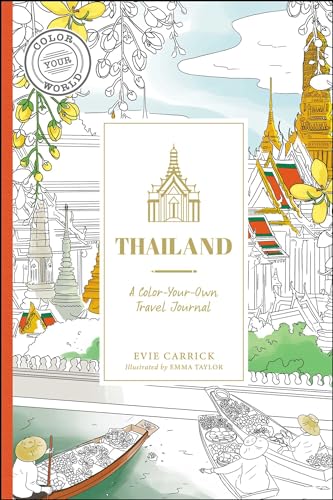 Thailand travel journal cover with sketched temples, boats, and floral designs.