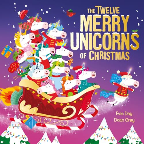 Cover of children’s book featuring many unicorns in a red sleigh.