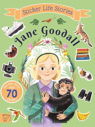 Illustrated cover of Jane Goodall holding a chimpanzee, surrounded by various nature-themed sticker icons.