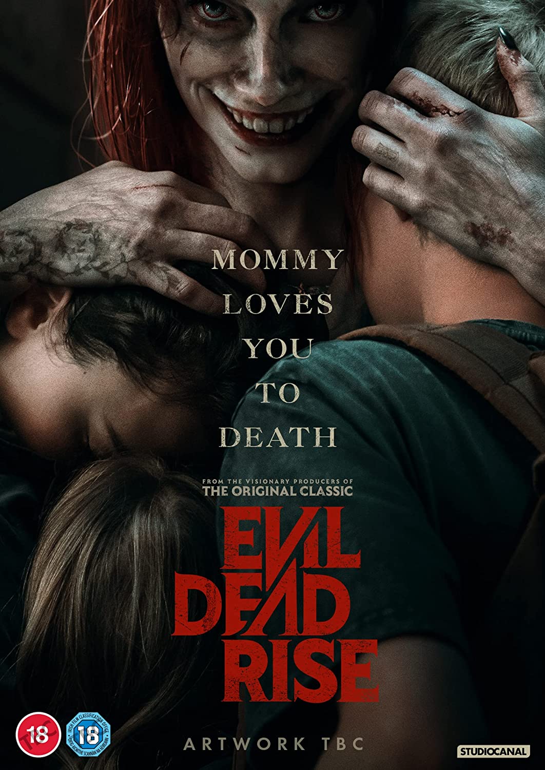 "Evil Dead Rise DVD cover featuring a possessed woman and children, with red title text."