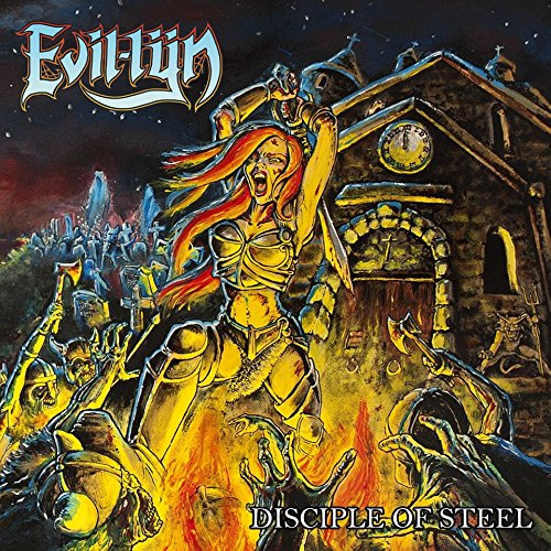 Album cover: Evil-lyn, a warrior woman, stands amidst a fiery, chaotic scene.